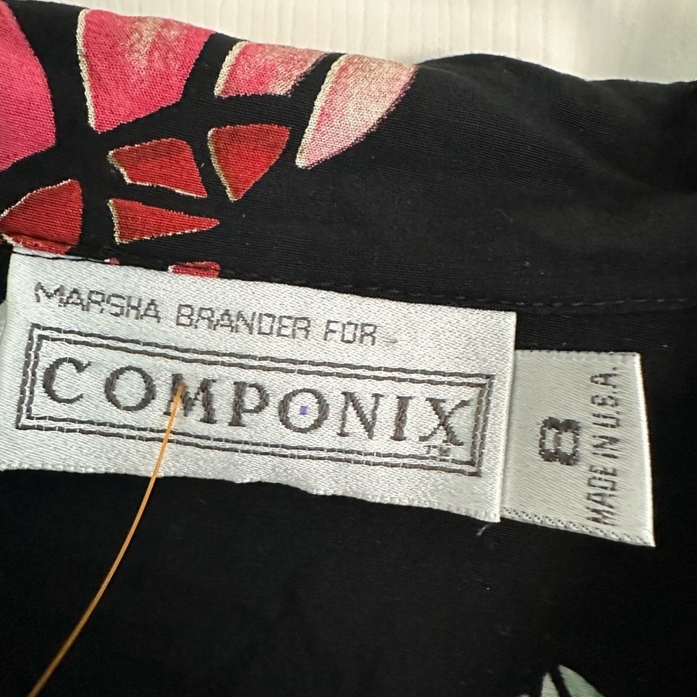 Marsha Brander Componix Black Blouse Vintage Floral Art To Wear Rayon Size 8 - Picture 3 of 4
